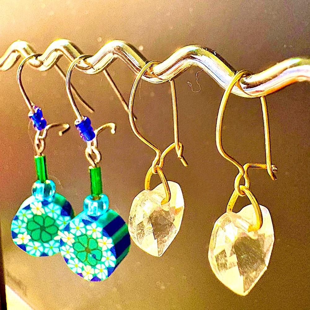 Earrings Pierced Handcrafted Unique Blue/Green, Molded Clay w/Flowers & Crystal